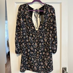 Black and Floral Long Sleeve Open Back Dress